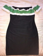 Stunning Fitted Mini Dress, Black With Green,Bardot Sleeves, Rockability, Size S