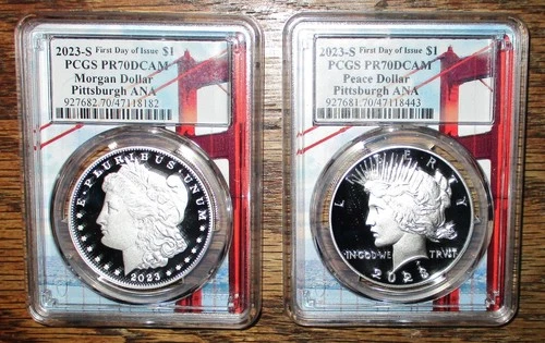 2023-S PITTSBURGH ANA MORGAN & PEACE DOLLARS PCGS PR70DCAM FIRST DAY OF ISSUE