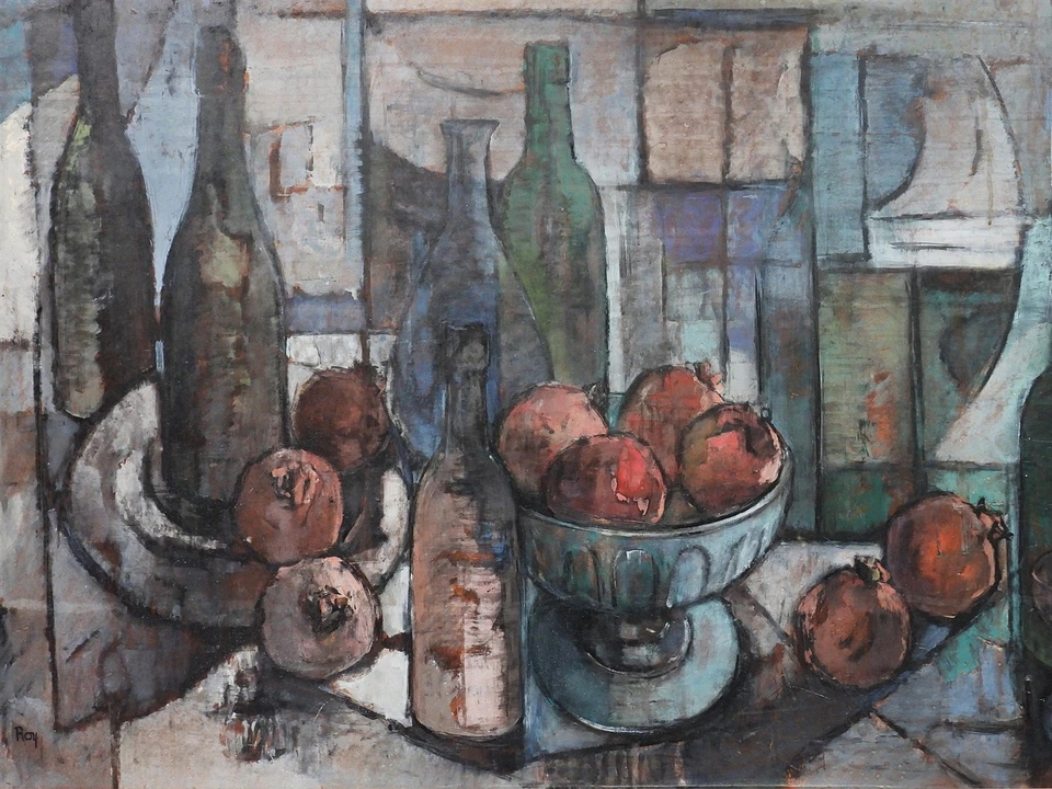 FINE! Signed "ROY" Cubist Abstract Still Life of Fruit & Wine O/B Painting - Image 2 of 4