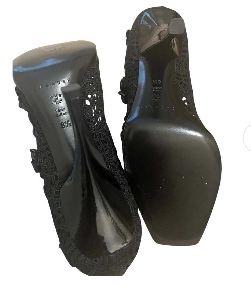 Casadei Black Lace Floral Applique Peep Toe Heels 8.5 Made in Italy - Image 3 of 4
