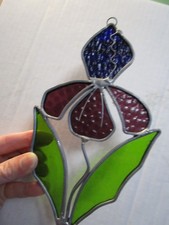 Vintage Stained Glass Suncatcher Iris Flower Purple Green 7.5  X 4.5  