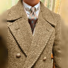Herringbone Men Overcoats Wool Blend Tweed Long Coats Double Breasted Peak Lapel