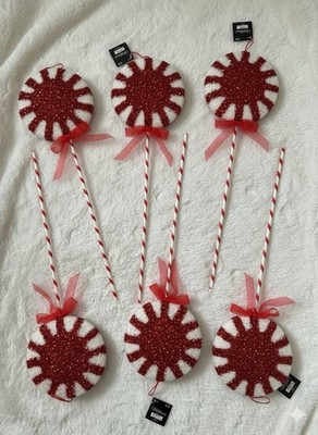 Set of 6 Candy Cane Lane Large Glittery Peppermint Lollipop Picks - 24.5  New