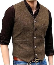 Mens Vintage Tweed Suit Vest V Neck Casual Wool Waistcoat for X-Small Brown