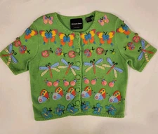 Michael Simon Butterfly Bugs Colorful Pop Art Knit Cardigan Gem Sweater Sz M 