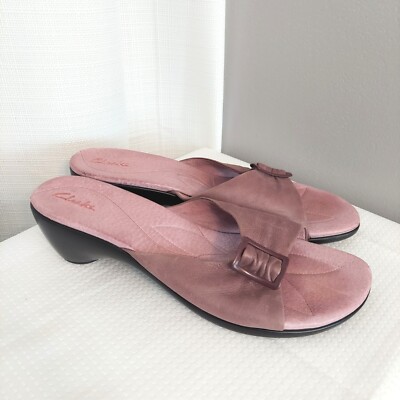 Clarks Women 9M Sandals Slip On Slides Leather Buckle Accent Wedge Heel 