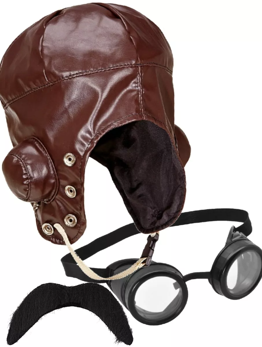 Pilot Aviator Biggles Hat with Pilot Glasses Steampunk Goggles Black Moustache