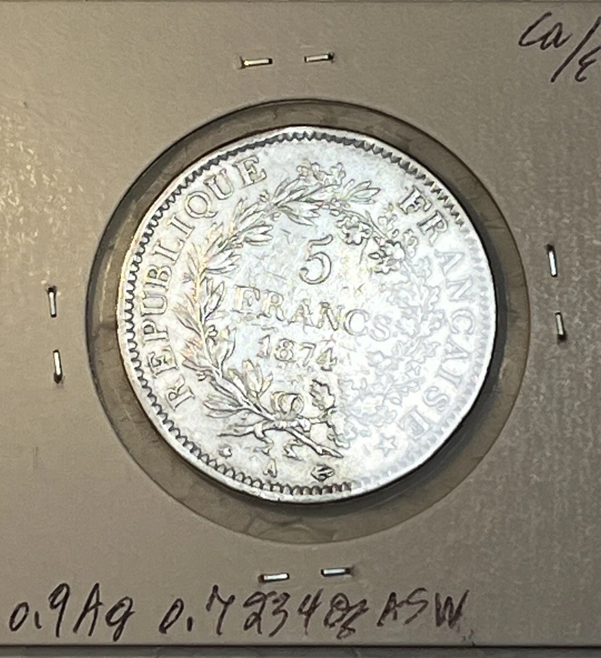 France 1874 A Silver Five 5 Francs Extra Fine XF Condition Coin The 3rd Republic - Image 4 of 4