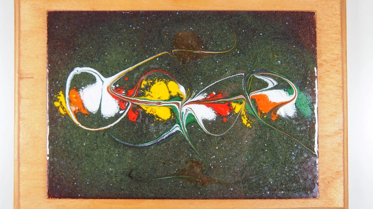 Bild Emaille Metallplatte auf Holz Abstrakt Rot Weiß Grün  Vintage 60s 70s MCM