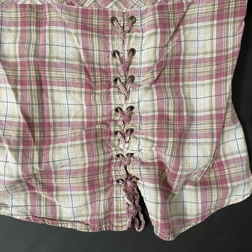 Maurices Plaid Tiered Shirt Womens M Lace Up Back Epaulettes Button Up Sleeves - Picture 9 of 12