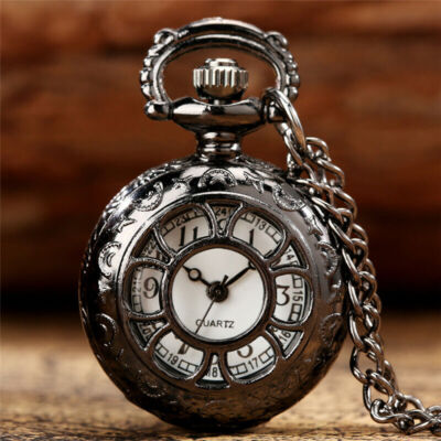 Antique Black Hollow Out Flower Case Small Quartz Pocket Watch