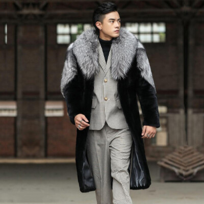 American Style Men Faux Fox Fur Mid Long Coat Overcoat Lapel Collar Outwear Warm