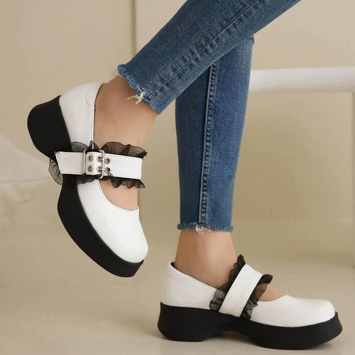 Damenschuhe Mary Janes bequeme Retro-Pumps rund geschnitten Schnalle Plateau Halbschuhe - Bild 2 von 14