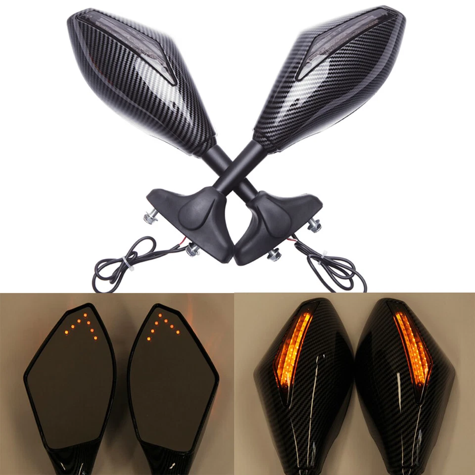 Par de espejos retrovisores laterales para motocicleta Honda Yamaha con luz LED intermitente Foto 2 de 4