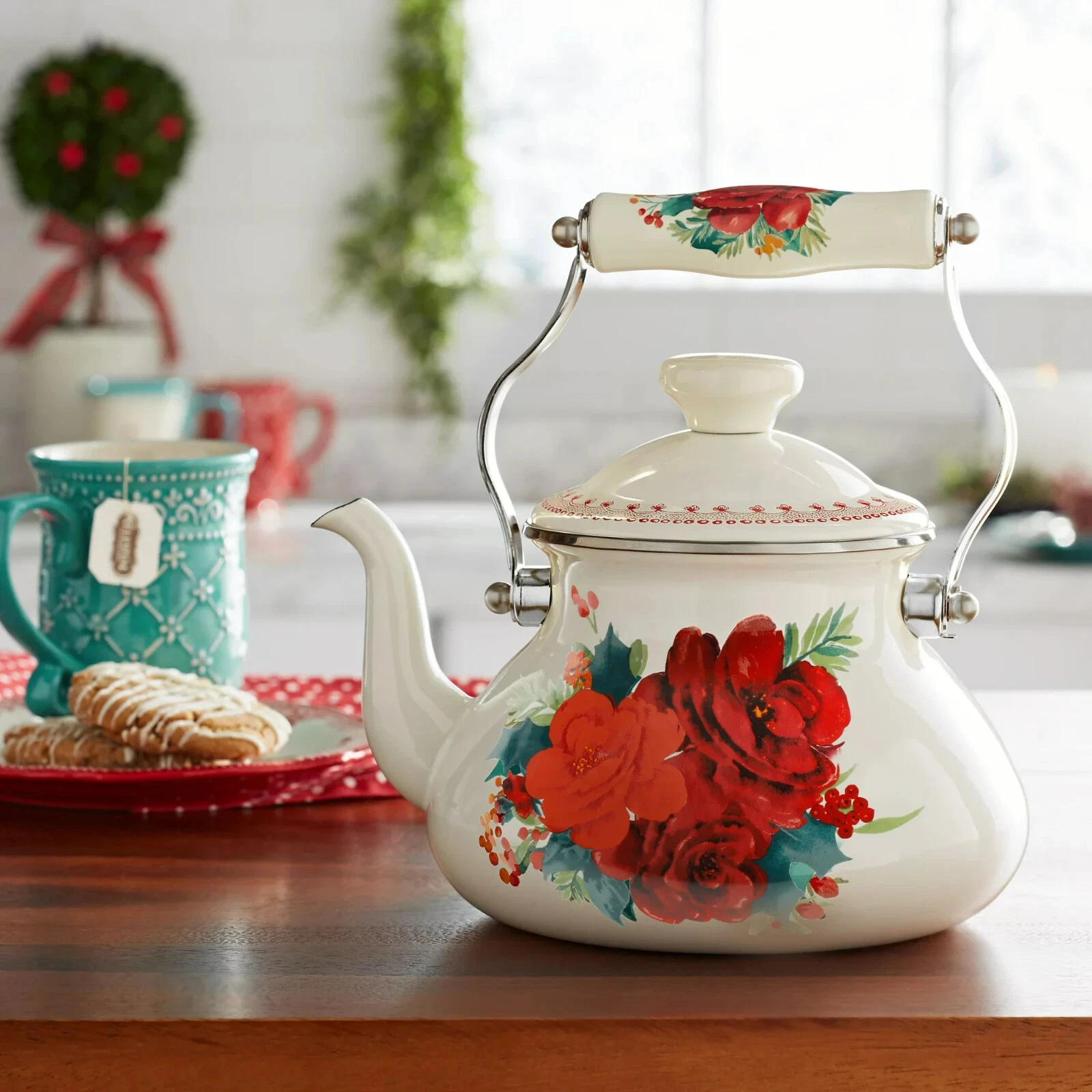 Pioneer Woman Tea Kettle Cheerful Rose Enamel on Steel 1.9Qt Floral White Red
