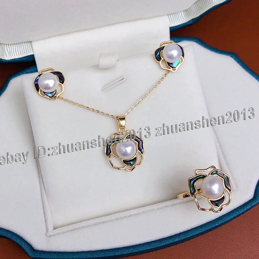 AAA+ Perla 18K GP Incrustación Abulón Concha Flor Pendientes + Anillo + Colgante Collar Conjunto Foto 4 de 4