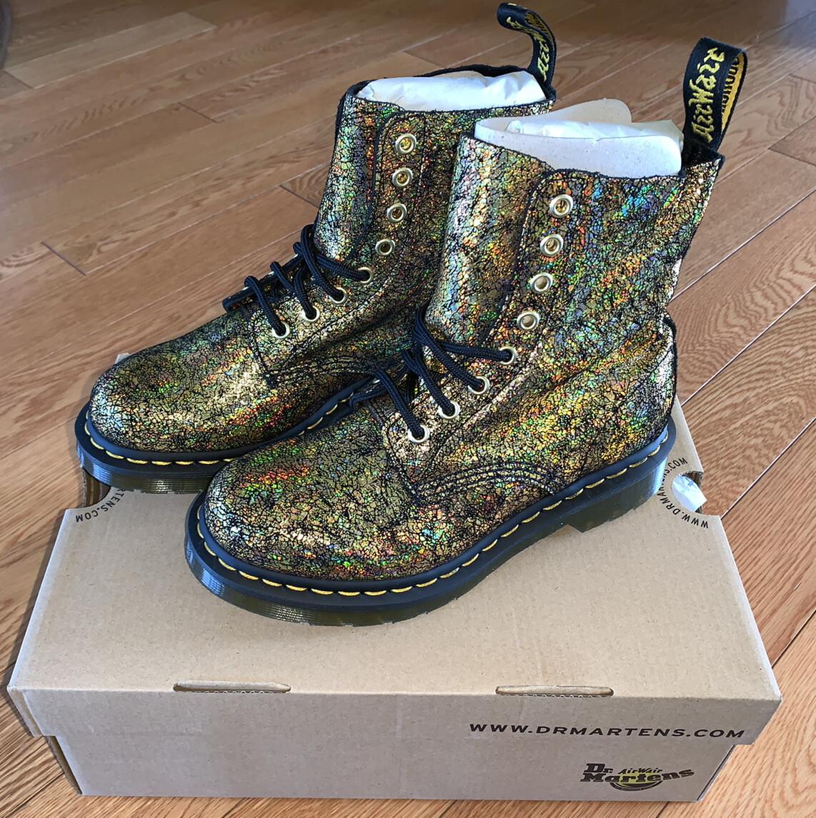 Dr Martens 1460 Pascal Iridescent Crackle Combat Boots Woman US Gold NEW  $150
