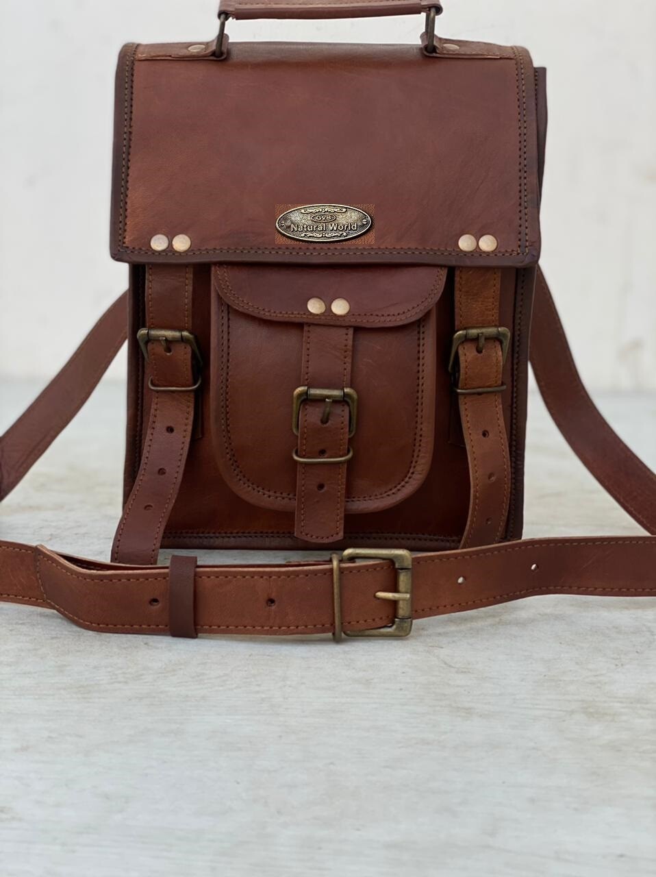 Top Handel Men's Goat Leather Shoulder Messenger Bag Vintage Satchel Briefcase