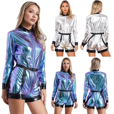 Women Halloween Astronaut Costume Space Suit Long Sleeve Zipper Jumpsuit Cosplay