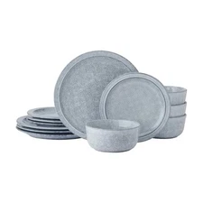 Blooming Meadow 12 Piece Plates Bowls Dinnerware Set, Service for 4, Blue