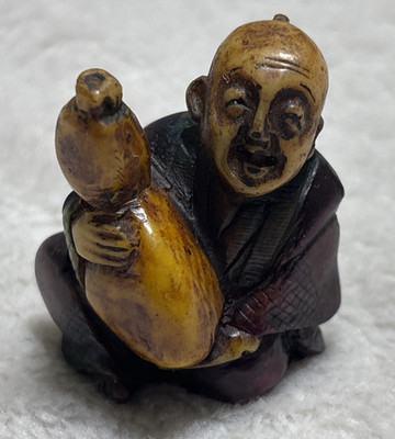 Handmade Japanese Netsuke Style Scholar Figurine Holding Gourd Jug Composite VTG