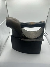 Antique 1800s  Charcoal Coal Cast Iron Sad Iron With Chimney Wood Handle