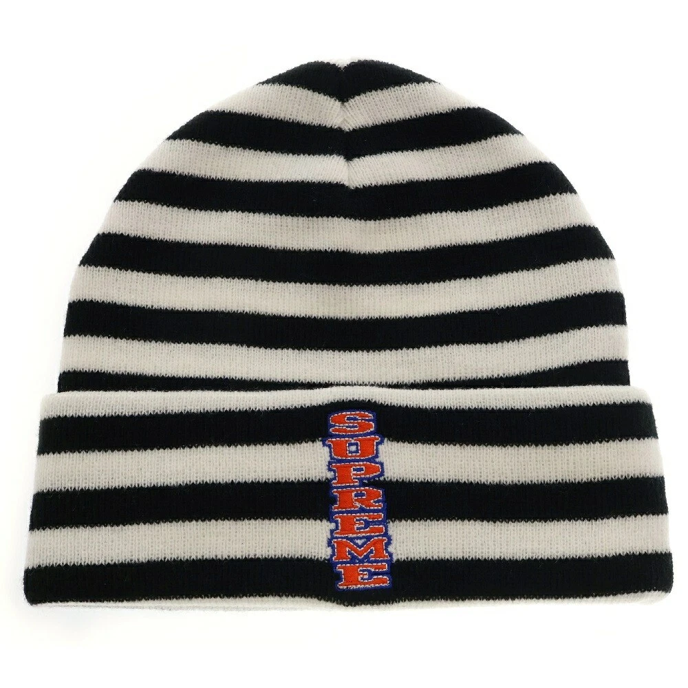 Bonnet rayé logo vertical Supreme 16Aw tricot bordure blanche AC564