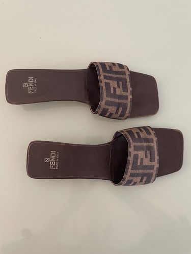 Vintage FENDI 90s Zucca Kitten heel Slides Sandals square toe 7.5 37.5