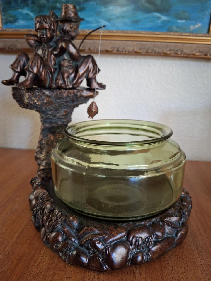 Aquário antigo vintage década de 1990 2 caras suporte para tigela de peixe de pesca com tigela de peixe verde - Imagem 3 de 4