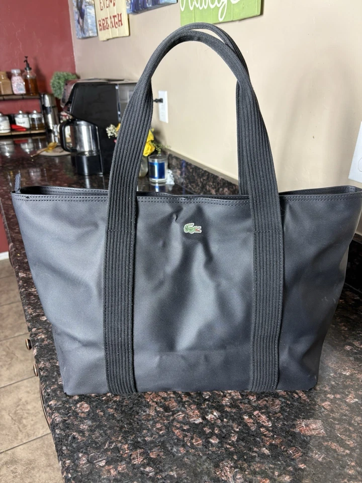 Lacoste Mini Tote Bag, Black Canvas Striped Handles, Zip Closure. Used￼￼ - Image 2 of 4