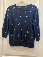 J.Crew Embroidered Green Whales 100% Linen Sweater Size XS Nautical Preppy Coast