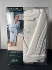 Laura Ashley Robe Cream Cotton Terry Velour 48  One Size Shawl Collar Pockets