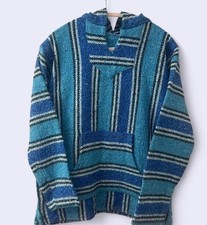 Blue Striped Hooded Pullover Knit Hoodie Mens Womens L Polyester Acrylic Cotton