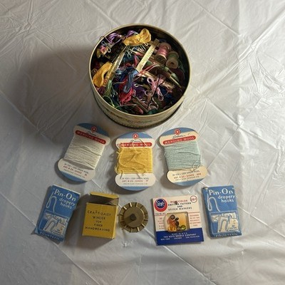 Vintage Sewing Notions Lot Boye Stitch Markers Berke Fruit Cake Tin Dawn Wool