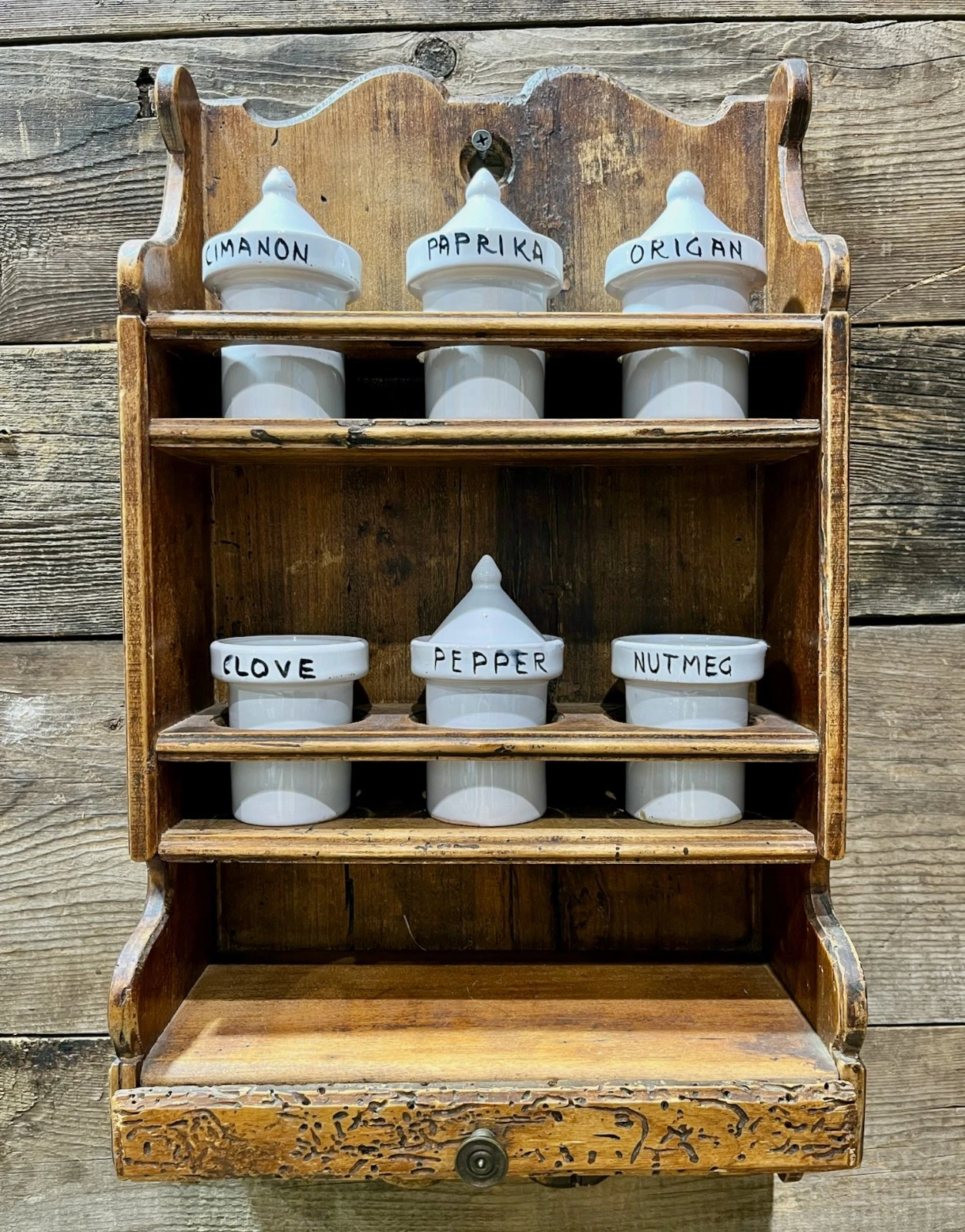 Vintage Wood Spice Rack, Porcelain Spice Jars, Farmhouse