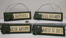 4 St. Patrick's Shamrock Green Signs, Bless Home, Small New Wood, Wire Hanger 5"