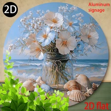 2D 2D Flat Round Metal Aluminum Sign- Painting Art Print Flowers and Shells in