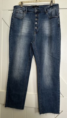 NWT Risen Women s High Rise Button Fly Straight Leg Jeans Sz 2XL Blue Frayed