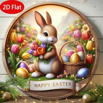 Tin Metal Signs Home Décor Wooden Easter Bunny and Eggs Round Hanging Spring W