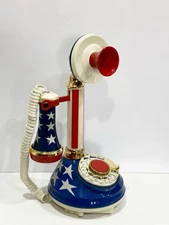 Vtg Candlestick Rotary Phone Telephone Patriotic Red White Blue Stars Stripes