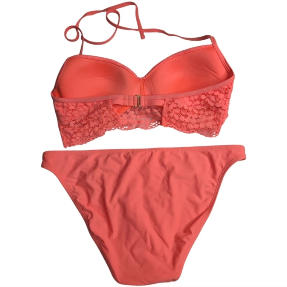 Coquette Coastal Coral Encaje Volantes Ribete Push Up Halter Top Bikini Mediano/Grande Foto 2 de 4