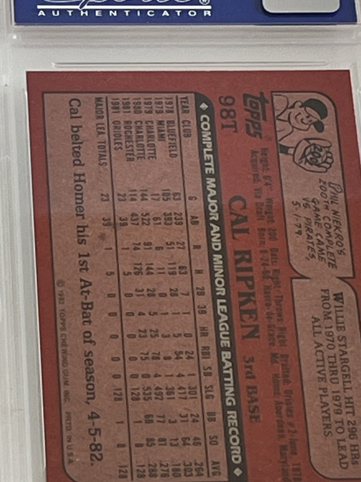 CAL RIPKEN JR. 1982 TOPPS TRADED PSA-9 MINT (OC) GRADED RC CARD #98T view 9
