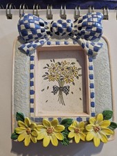 Russ 2.5x3 Resin Photo Frame Blue White Bow Floral Painted Easel Back