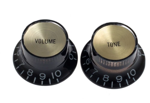(2) BLACK Bell Top Hat KNOBS w/ GOLD Reflectors for Epiphone® & Import Guitars