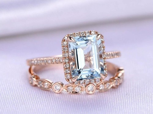 14K Rose Gold Plated 3Ct Emerald Lab Created Aquamarine Diamond Bridal Ring Sets - Picture 3 of 3