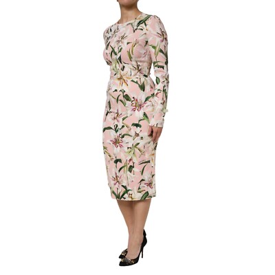 DOLCE&GABBANA フローラル ボタニカル ミディタイトスカート 40 DOLCE & GABBANA Dress Pink Lily Viscose Sheath Stretch Midi IT40