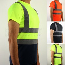 Hi Viz Vis Crew Neck T-Shirt High Visibility Work Tee Reflective Tape Safety Top