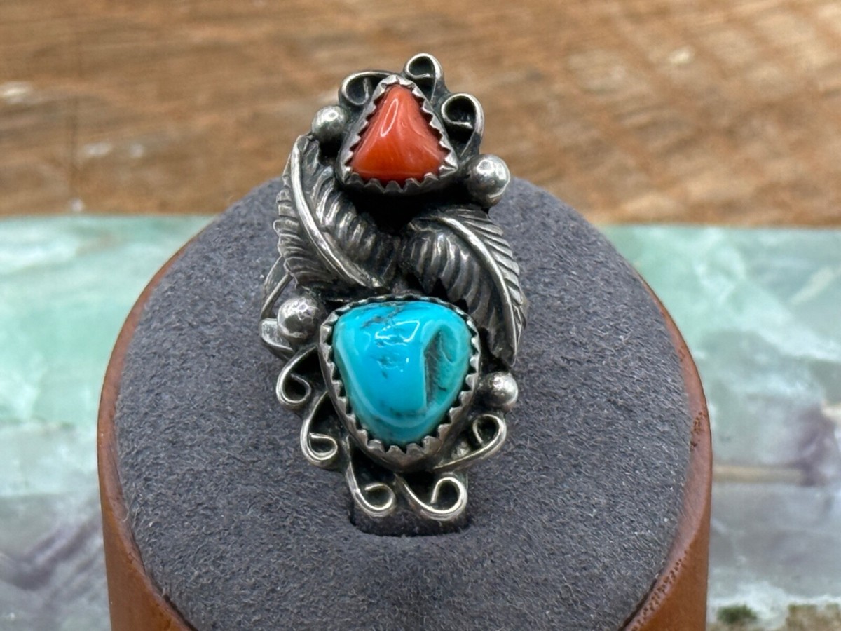 Vintage Joe Tom Navajo Sterling Silver Turquoise Coral Feather Sz