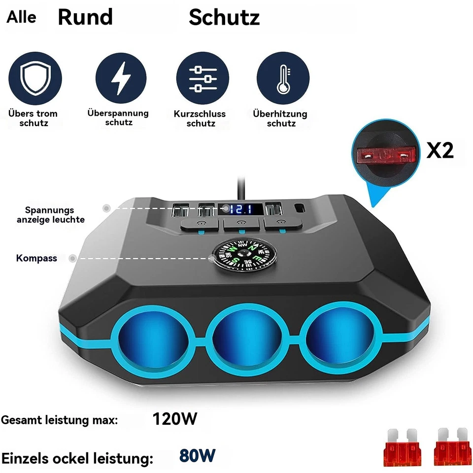 12/24V LED Verteiler Dose Zigarettenanzünder Mehrfachstecker USB TypeC Steckdose - Bild 4 von 4