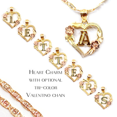 Alphabet Love Heart Initial Letter Pendant Charm 10K Solid Gold Chain Necklace